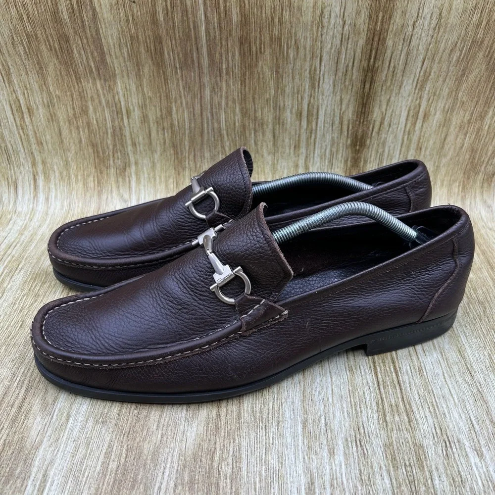 Salvatore Ferragamo Magnifico Bit Loafers Men's Size 12 Brown Pebbled Gancini